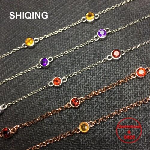 SHIQING Real gemstone nature garnet citrine amethyst simple 925 silver bracelet for girls