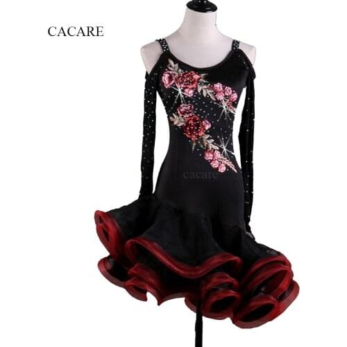 CACARE Latina Latin Dance Dress Costumes Women Salsa Tango Dresses Ballroom D0369 Bra Cup Underwear Fluffy Sheer Hem Mesh Sleeve