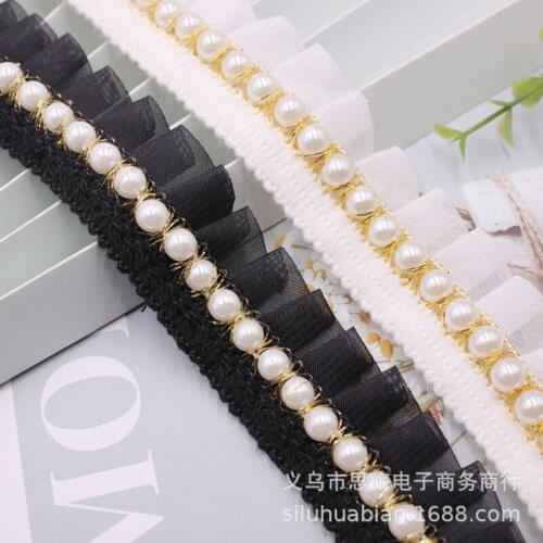10Yards 3.5cm Pleated Chiffon Fabric Guipure Lace Embroidery Fringe Ribbon Ruffle Pearl Trim Dolls Clothes Dress Sewing Decor