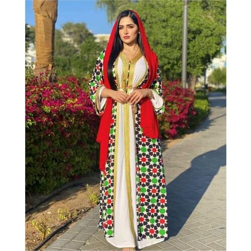 Abaya Muslim Women Long Dress Printed Arab Dubai Kaftan 2 Pieces Set Outfits Open Maxi Robe V-neck Dress Casual Moroccan Fashion