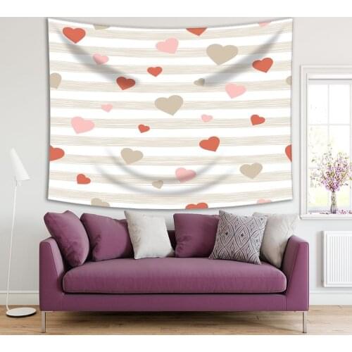 Tapestry Flying Hearts on Striped Background Valentines Day Love Theme Artwork Brown Beige Pink
