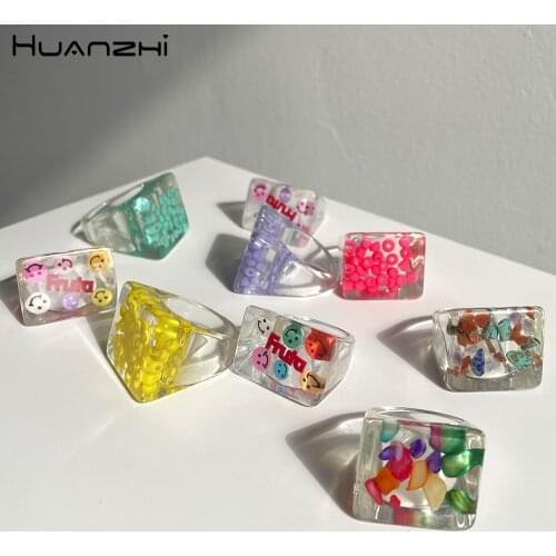 HZ 2021 New Transparent Colorful Bead Stone Geometry Exaggerated Square Resin Acrylic Rings for Women Girls Jewelry Party Gifts