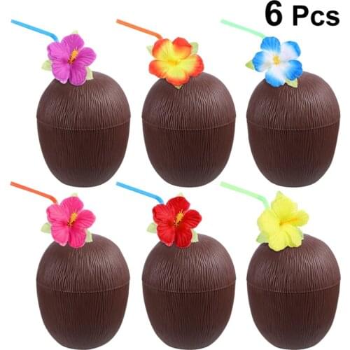 6pcs Coconut Cups Hawaii Party Drinking Cups Portable Drink Cups Beach Party Accessories with Flower Straws for Bar Beach Party