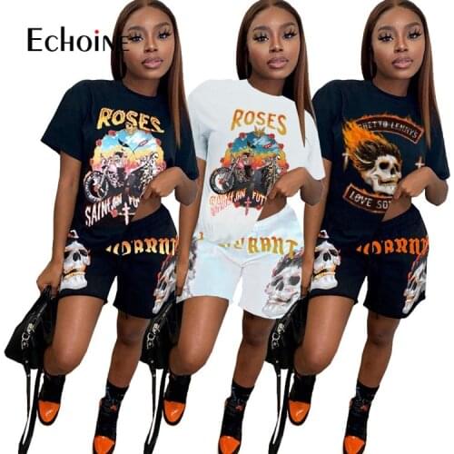 Echoine Summer Women 3D print tracksuit Two Piece Set T-shirt Top and Biker Shorts Beach Sexy Night Club Loose Shorts outfits
