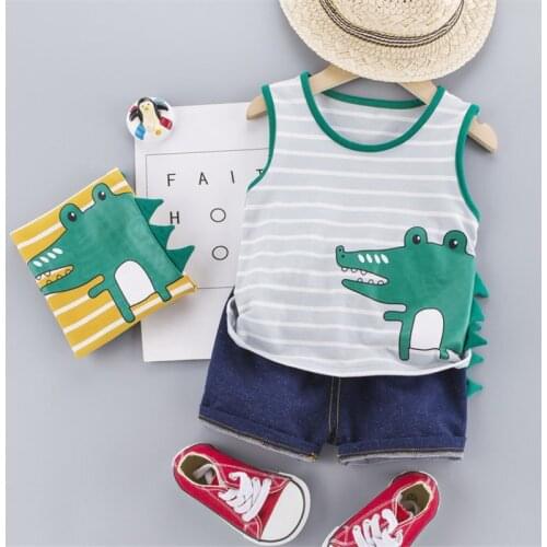 Fashion Baby Boy Girls Clothes Children Summer strips dinosaur Vest Shorts 2Pcs/sets Infant Outfit Kid Leisure Toddler Tracksuit