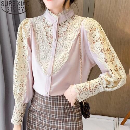 Fashion Crochet Hollow Lace Blouse Women Spliced Shirt 2021 Korean Sexy Puff Sleeve Stand Collar casual Bottoming Shirt 12731