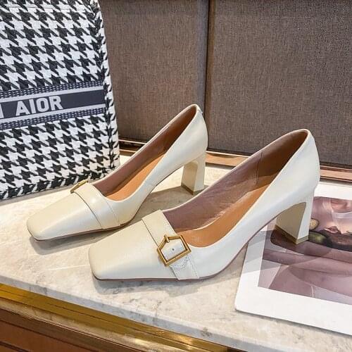 2021 spring and autumn new retro shallow mouth womens shoes fashion all-match square toe high heels