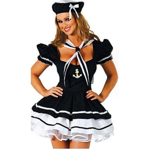 The New Arrival Black Low Chest Sexy Sailor Uniform Short Sleeve Costume Lingerie Tiered Ruffles Dress BI55