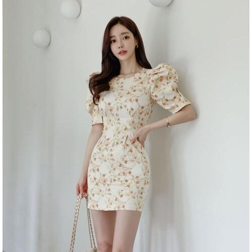 New Arrival Fashion Summer Korean Style Mini party Dress Women OL Elegant Temperament Retro Puff Sleeve Print Folds Short Dress
