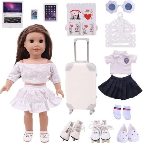 Doll Clothes White Uniform,Skate Shoes,Plush Pet Fit 18 Inch American & 43cm Reborn Baby Accessories,Generation Girls Play Toys