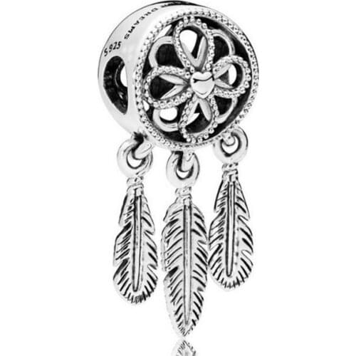Genuine 925 Sterling Silver Charm Openwork Flower Feather Spiritual Dream Catcher Pendant Bead Fit Pan Bracelet Diy Jewelry