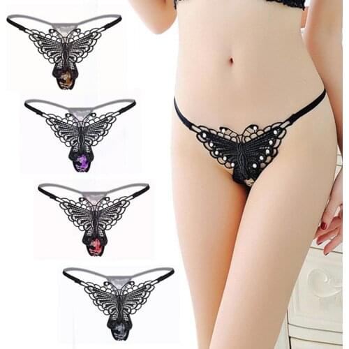 Sale Woman Sexy Lace Butterfly Thongs G strings Underpants Panties Solid Black Underwear Thongs