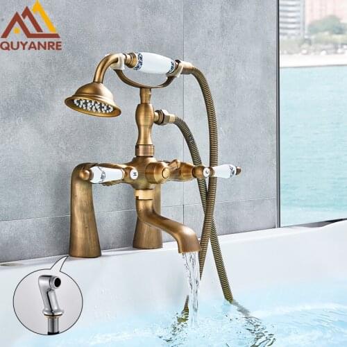 Quyanre Antique Brass Bathtub Shower Faucet Porcelain Deco Dual Handles Mixer Tap Deck Mount With Angle Adjustable Shower Faucet