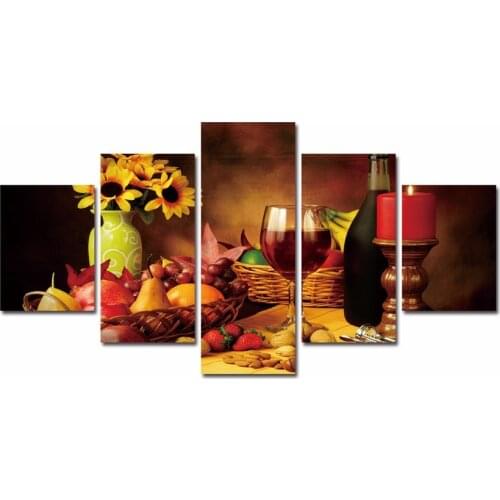 Modern Canvas Wall Art Painting Modular Pictures 5 Panel Romantic Flower And Wine Show Home Decor HD Printed Poster Frame