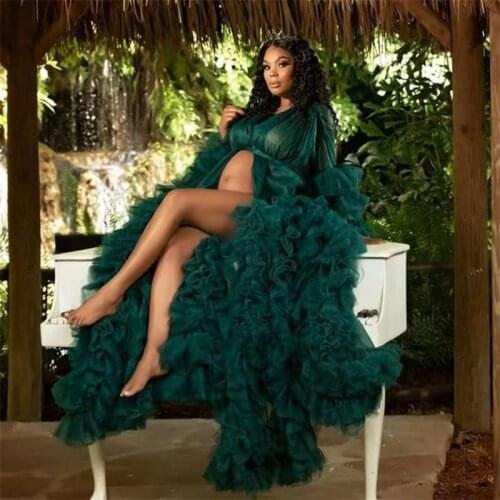 Dark Green Celebrity Dress Luxury Ruffles Long Sleeves Wedding Sleepwear Bathrobes Nightgowns Tiered Robes Women Dress