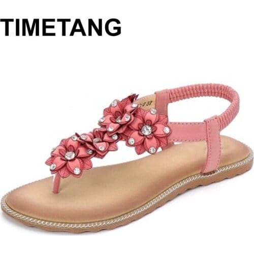 TIMETANGLadiesWide ShoesBohemia Beach Sandals Flats Summer Flipflops Flower Rhinestones High Quality Elastic Band Low CutterE486