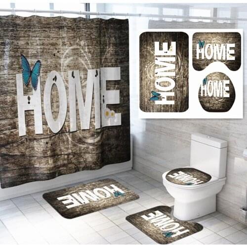 WUJIE 180x180cm "Home" Pattern Anti-slip Bath Mat Set with Waterproof Shower Curtain Bathroom Rug Toilet Mat Bathroom Curtain