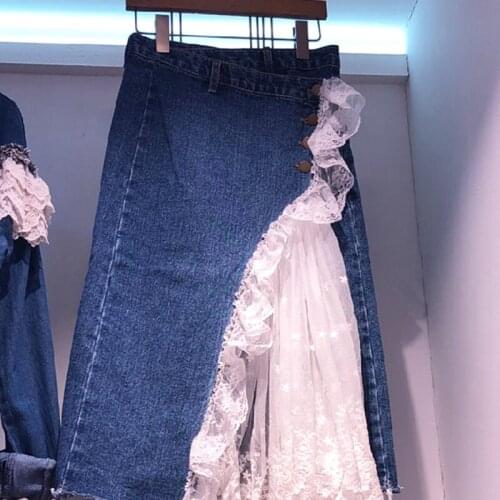 Denim Patchwork Asymmetrical Mesh Lace Skirts Summer 2021 New Single Breasted High Street Skirt Women Fashion Tide Bottoms