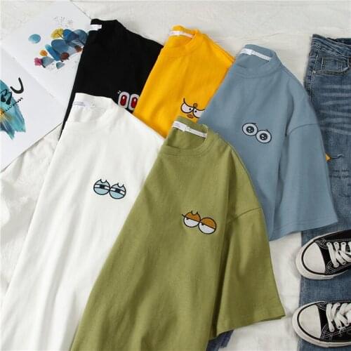 Chest cute eyes cartoon embroidery pattern Harajuku women tops tees New Summer casual fashion loose short-sleeved womens T-shirt