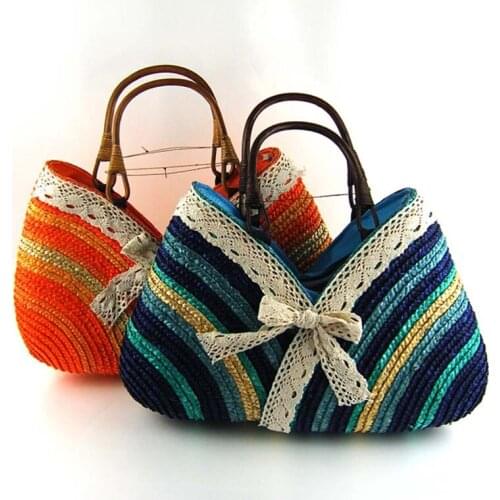 Women Summer Lace Bow Straw Weave Handbag Straw Beach Bag Tote Shopping Beach Woven Shoulder Bag
