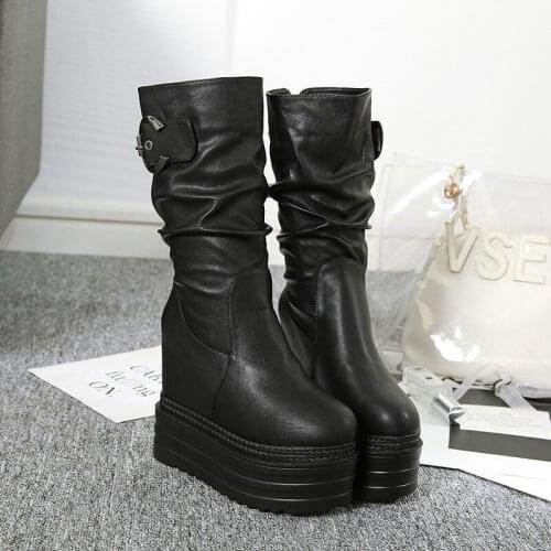 2019 Wedges Ankle Boots White Black Rubber Sole Shoes Platform Boots Women Lacing Autumn Platform Heels Shoes Heel 13 cm
