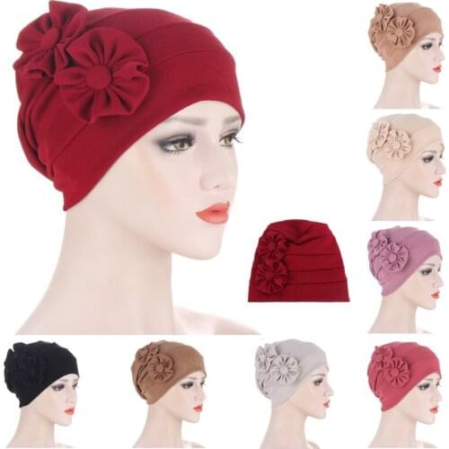 Womens Hats Spring Summer Lateral Two Floral Beanie Hat Muslim Stretch Turban Hat Cap Hair Loss Headwear Hijib Cap - 8 Colors