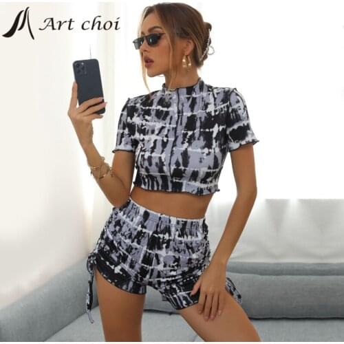 Summer Chiffon Two Piece Set Tracksuit Casual Outfit Suits Women T Shirt Crop Tops Drawstring Shorts Pants Loose 2 Piece Sets