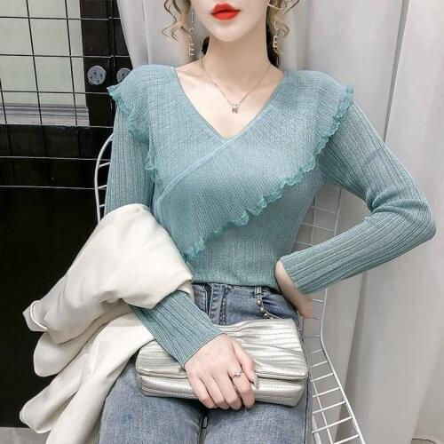 Woman Sweaters Ice Silk Sweater Womens Long Sleeve Fall V-neck Ruffled Mesh Top Sweater