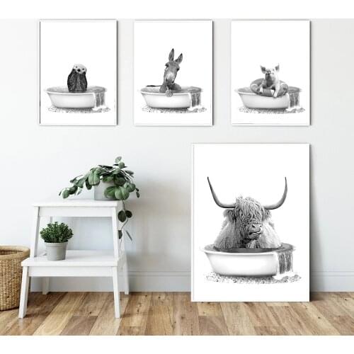 Animal in Bathtub Poster Print Funny Highland Cow Pig Donkey Bath Canvas Painting Nursery Wall Pictures Kid Room Decoration