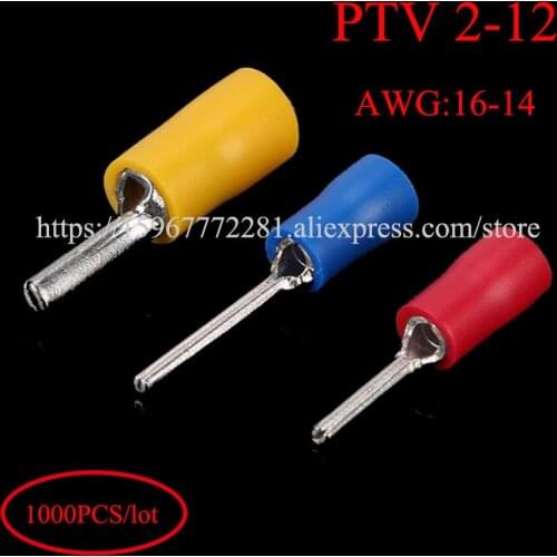 1000PCS Insulated pin terminal PTV 2-12 AWG16-14 Copper wire connectors automotive cable male female connector plug