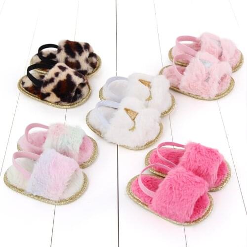 2021 Toddler Baby Girls Plush Sandals Soft Sole Faux Fur Flats Prewalker Slippers With Elastic Back Strap Home Baby Shoes