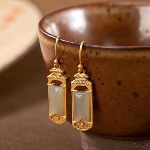 Antique Style S925 Sterling Silver Gold Plated Hetian Jade Retro Classical High-Grade Jade Temperament Womens Earrings Eardrop