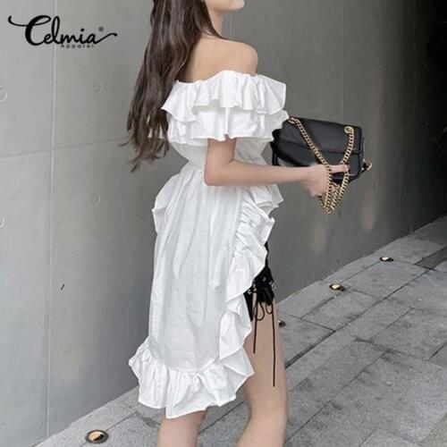 Celmia 5XL Women Sexy Off Shoulder Long Shirts Ruffles Blouses 2021 Summer Fashion Asymmetrical Tops Casual Solid Party Blusas