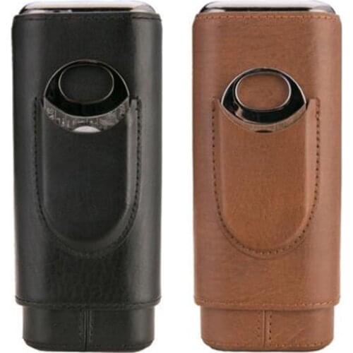 LUBINSKI Genuine Leather 2 Tube Cigar Cigarette Holder Case W/Cutter Set Travel Portable Humidor Tobacco Storage Tool For Cohiba