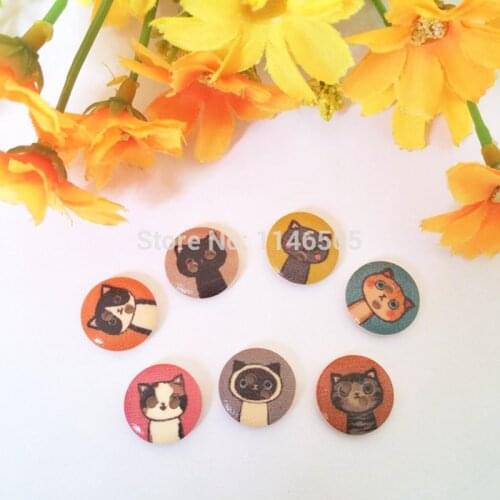 100pcs/lot 15mm wood Sewing Accessorie cartoon cat Wood Buttons scrapbooking products botoes para artesanato botones
