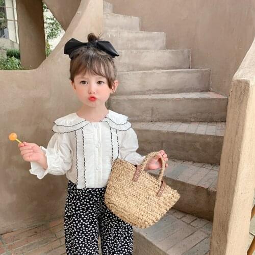 Childrens Clothing Korean Shirt 2021 Autumn New Girl Solid Color Cute Turndown Collar Long Sleeve Thin T-shirt