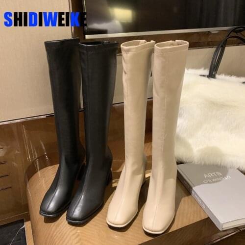 2021 INS Fashion Women 7cm Black Block High Heels Long Boots New Winter Warm Knee High Boots Soft Leather Thigh High Boots Shoes