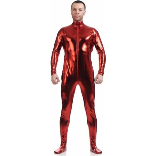Adult Metallic Full Body Zentai Suit Men Lycra Bodysuits Spandex Catsuits Shiny Crotch Zipper Zentai Body Suits