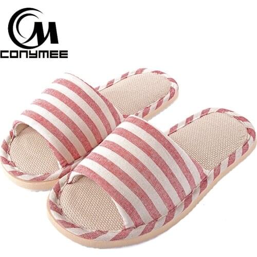 Summer Women Flax Indoor Slippers Casual Flats Shoes Breathable Linen Beach Sandals Flip Flops Striped Female Home Bath Slippers