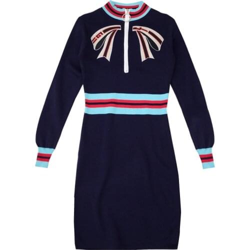 PERHAPS U Navy Geometric Bow Zippers Stand Collar Sleeveless Long Sleeve Pencil Knitted Short Mini Dress Elegant Summer D0768