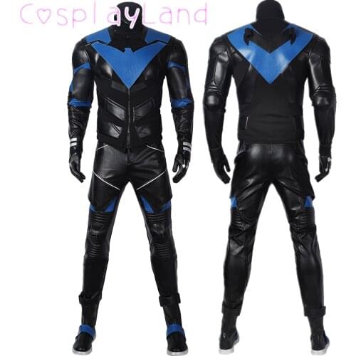 Halloween Cosplay Gotham Knights Nightwing Costume Superhero Dick Grayson Jumpsuit Faux Leather Black Armour Men Outfit