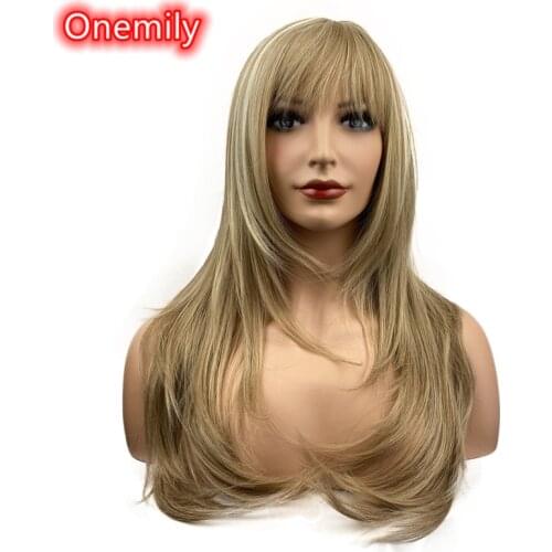 Onemily Long Straight Heat Resistant Synthetic Wigs for Women Girls with Bangs Theme Party Out Fun Blonde Golden