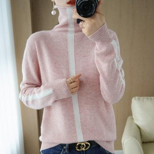 Autumn and Winter New Style 100% Pure Wool Sweater Women High Neck Knitted Pullover Slim Color Matching Cashmere Sweater