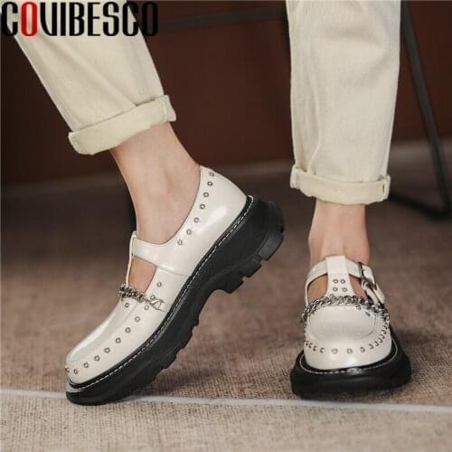 COVIBESCO Popular Fashion T-Strap Women Pumps Newest Chain Rivets Round Toe Genuine Leather Platforms Shoes Woman Four Season