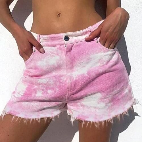 HUANBEAUTY New Sexy Tie Dye Coloured Stretch Beard High Waist Hot Sell Denim Shorts for Women Casual Jeans Zipper Shorts HBP98