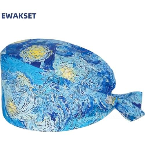 Scrub Cap for Long Hair Van gogh Printed Pure Cotton Nursing Hats Nurse Beauty Salon Pet Clinic Lab Accessories Surgicals Caps
