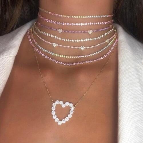 2021 Spring New Sweet Candy Pastel Color Thin Tennis CZ Chain Heart Charm Necklace Bracelet Fashion Jewelry Set Valentines Gift