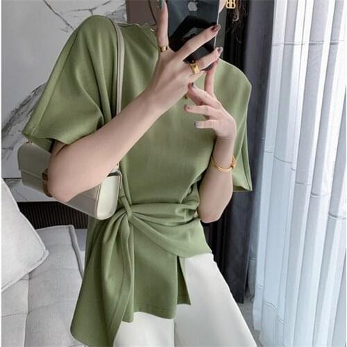 2021 New Lace Up T-Shirt Unique Women Summer Irregular Bottoming Solid Fashionable Korean Casual Lady Loose Lacing Short Tops