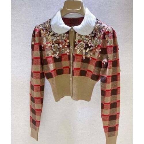 Womens Peter Pan Collar Cardigan Sweater Vintage Plaid Sequined Sweet Sweaters Short Knitted Crop Jacket Female
