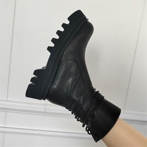 2021 New Black Soft Leather Women Ankle Boots Back Lace-up Thick Sole Platform Shoes Woman Short Booties Ladies Motarcycle Boots